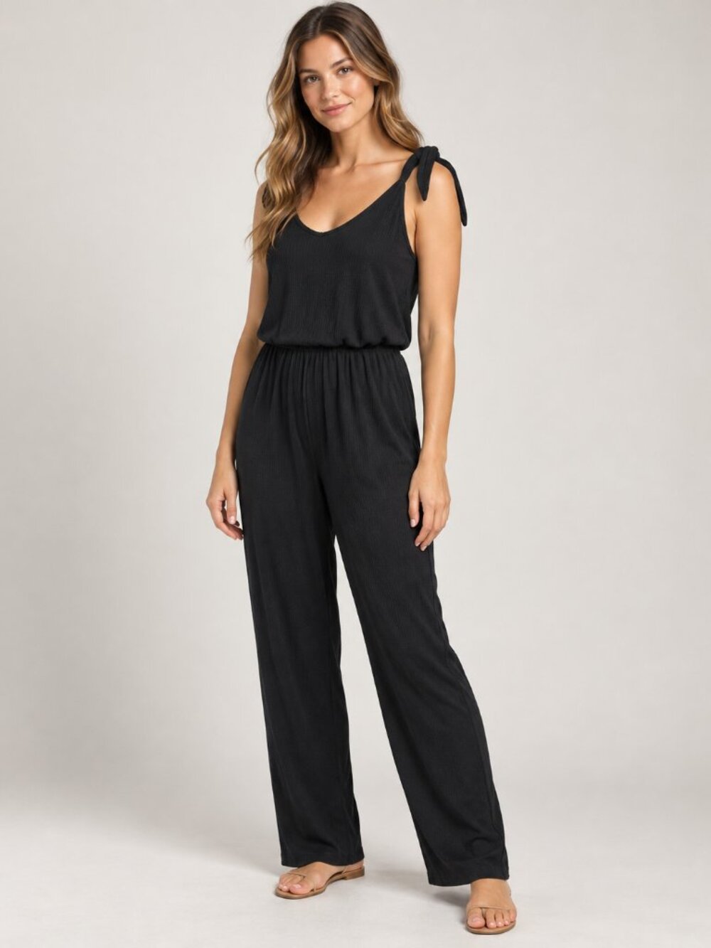 Lulus M Black Ribbed Knit Tie Shoulder V-Neck Jumpsuit Elastic Waist Pockets